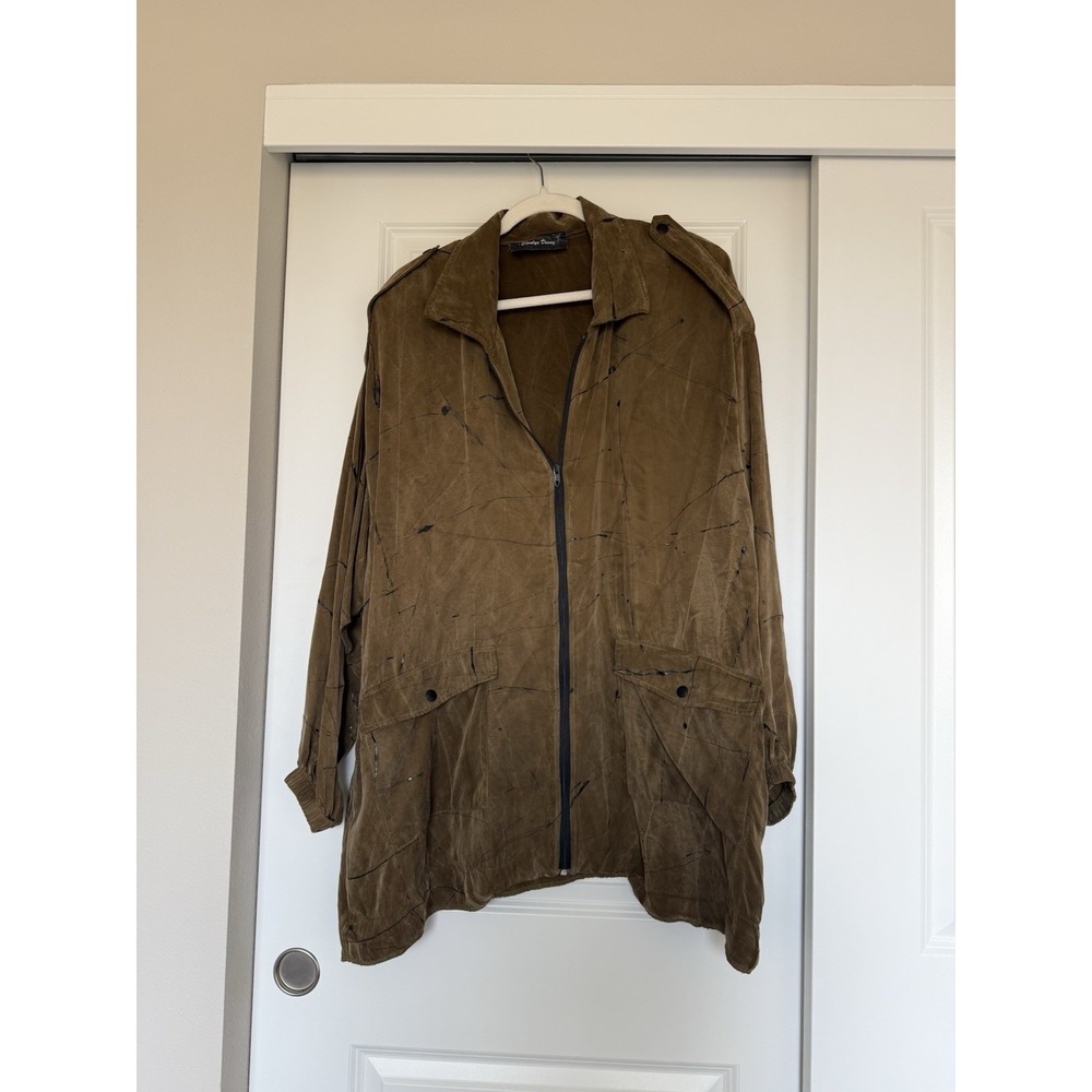 DEWEY DESIGN Vintage Art Print Rayon Light Jacket 1980s Art To Wear SZ L‎ Khaki